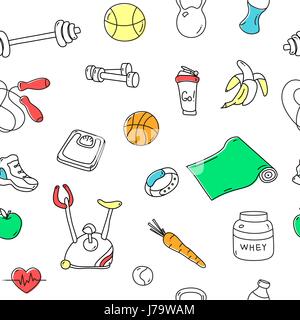 Colorful seamless pattern with fitness doodles Stock Vector