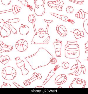 Red seamless pattern with fitness doodles Stock Vector