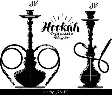 Hookah label set. Shisha, hooka, waterpipe, hubble-bubble, nargile icon or symbol. Vector illustration Stock Vector