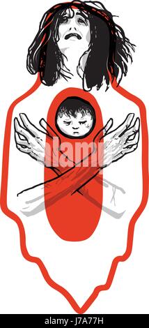 International Day of Innocent Children Victims of Aggression, June 4. Pacifist poster with a weeping woman holding a dead baby. Symbol of civilians su Stock Vector