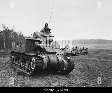 United States tanks during group maneuvers somewhere in England, circa 1942. Stock Photo