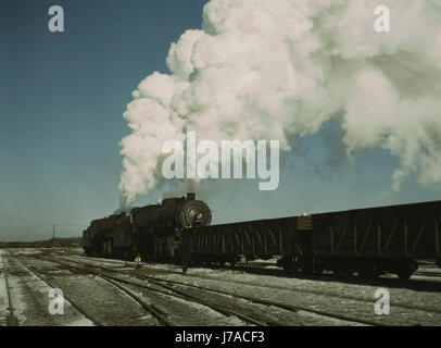 Chicago and Northwestern Railroad locomotive in a railroad yard, circa 1942-1943. Stock Photo