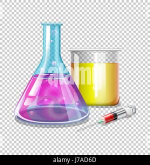 Beakers and syringe with liquid inside illustration Stock Vector