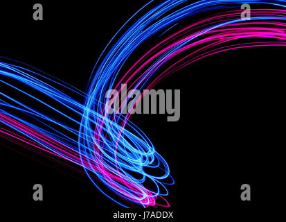 Long exposure photograph of neon pink and blue colour in an abstract pattern against a black background. Light painting photography, abstract colour Stock Photo