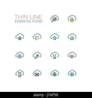 Clouds with Symbols - modern vector single thin line icons set Stock Vector