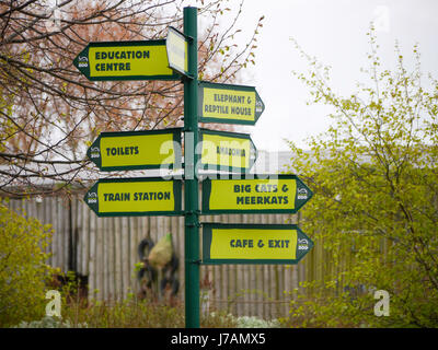 A Zoo signpost showing the directions to facilities and animals at Blackpool Zoo, England Stock Photo