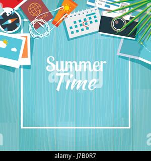 Summer traveling template with wooden background Stock Vector