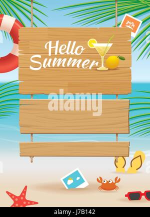 summer wooden sign on tropical beach background Stock Vector