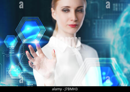 Business woman touching virtual screen. Innovative technologies. Stock Photo