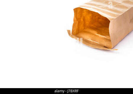 laid opened paper brown bag on isolated white background with room for copy space Stock Photo