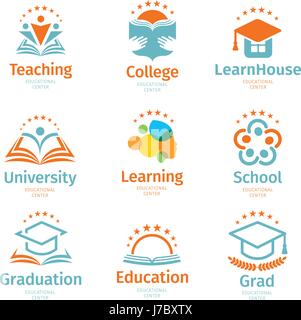 Isolated abstract colorful education and learn logo set, university and school books, graduate hats and human silhouettes logotypes collection on white background vector illustration. Teaching symbols Stock Vector