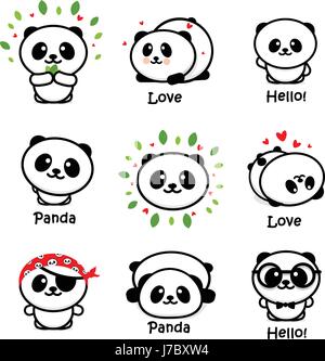Cute Panda Asian Bear Vector Illustrations, Collection of Chinese Animals Simple Logo Elements, Black and White Icons Stock Vector