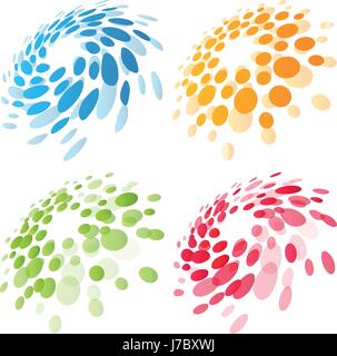 Abstract circle logotype set. Green, blue, orange, red dotted round isolated chem logo collection. Virus icon. Unusual sun. Flower symbol. Spiral sign.Vector germs illustration Stock Vector