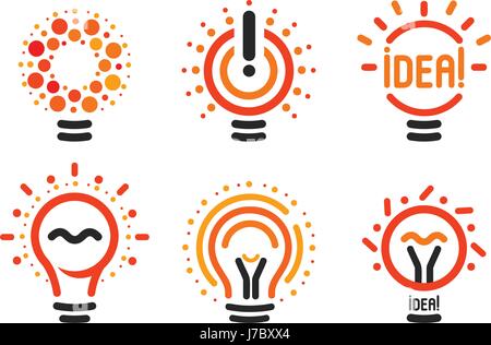 Stylized set of vector lightbulbs with line, dots, beam. New idea symbols collection colorful logotypes. Flat abstract bright cartoon bulbs. White, black, orange colors sign. Idea icon, circle logo Stock Vector