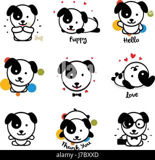 Cute puppy vector logo set. Favorite pet logotype collection. Joyful and cheerful human friend in the cartoon style icons, is played in a bone, lies, loves, welcomes and rests Stock Vector