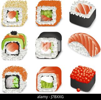 Colorful realistic japanese food icons set with different sushi and rolls on white background isolated vector illustration. Stock Vector