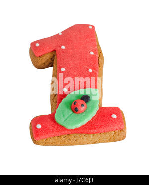 Figure one made from gingerbread, ladybug on a green leaf, close up, white background Stock Photo