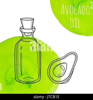 Hand drawn avocado oil bottle with green watercolor spots Stock Vector