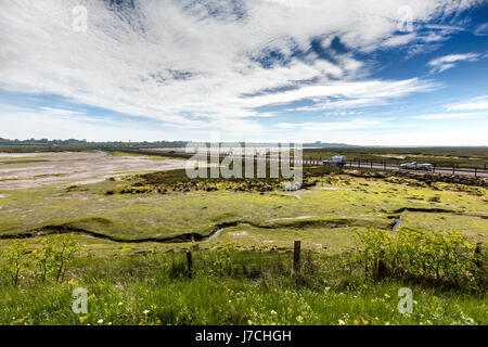 MERSEA CAUSEWAY AT LOW TIDE. THE STROOD IS THE ONLY ACCESS TO THE ISLAND AND FLOODS AT HIGH TIDE MAKING IT IMPASSABLE. Stock Photo