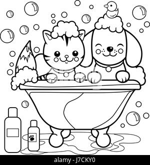 Dog and cat taking a bath. Coloring book page. Stock Vector
