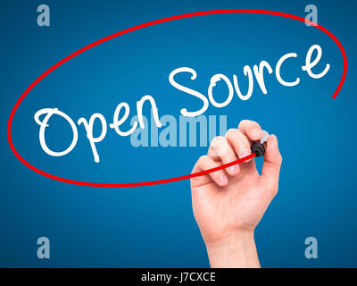 Man Hand writing Open Source with black marker on visual screen. Isolated on blue. Business, technology, internet concept. Stock Image Stock Photo