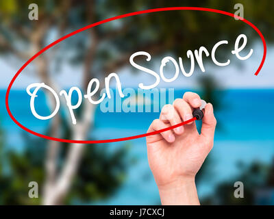 Man Hand writing Open Source with black marker on visual screen. Isolated on nature. Business, technology, internet concept. Stock Image Stock Photo