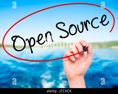 Man Hand writing Open Source with black marker on visual screen. Isolated on nature. Business, technology, internet concept. Stock Image Stock Photo