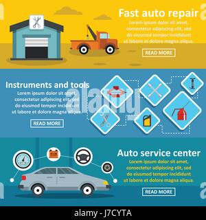 Auto car repair banner horizontal set, flat style Stock Vector