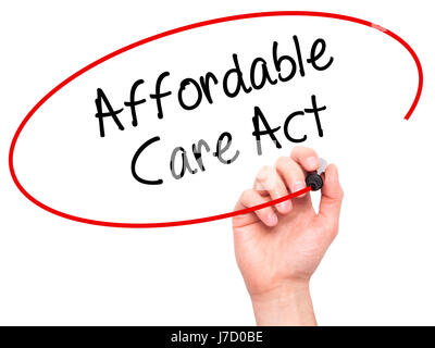Man Hand writing Affordable Care Act with black marker on visual screen. Isolated on background. Business, technology, internet concept. Stock Photo Stock Photo