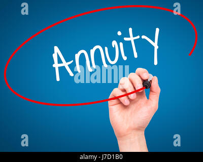 Man Hand writing Annuity with black marker on visual screen. Isolated on blue. Business, technology, internet concept. Stock Photo Stock Photo