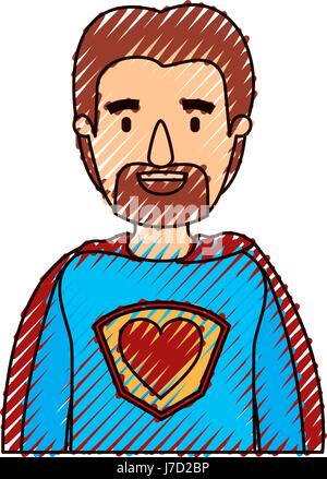 color crayon stripe caricature half body super dad hero with beard Stock Vector