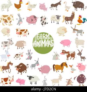 Cartoon Illustration of Cute Farm Animal Characters Huge Set Stock Vector