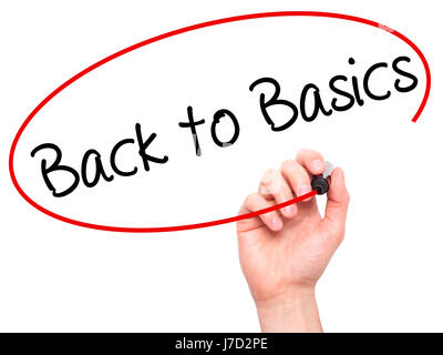 Man Hand writing Back to Basics with black marker on visual screen. Isolated on white. Business, technology, internet concept. Stock Photo Stock Photo