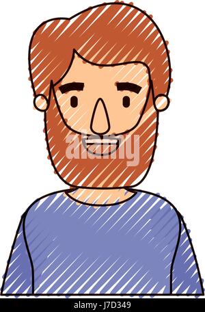 color crayon stripe caricature half body man bearded with t-shirt Stock Vector