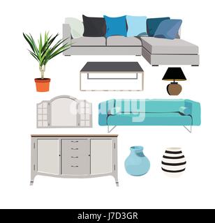 Blue furniture set elements collection. House home interior design.living room bedroom.sofa, table, plant, lamp, vase, mirror. Realistic cute beautifu Stock Vector
