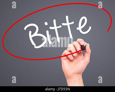 Man Hand writing Bitte (Please in German) with black marker on visual screen. Isolated on background. Business, technology, internet concept. Stock Ph Stock Photo