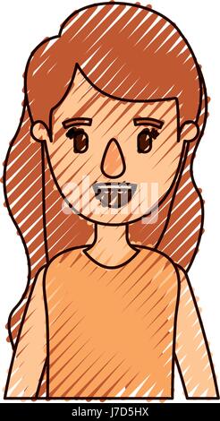 color crayon stripe caricature half body woman with long wavy hair Stock Vector