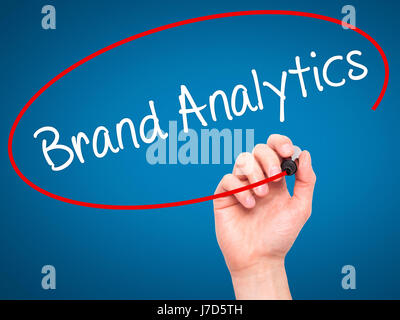 Man Hand writing Brand Analytics with black marker on visual screen. Isolated on background. Business, technology, internet concept. Stock Photo Stock Photo