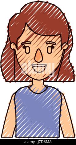 color crayon stripe caricature half body woman with short wavy hair Stock Vector