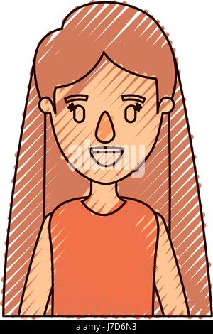 color crayon stripe caricature half body woman with long straight hair Stock Vector