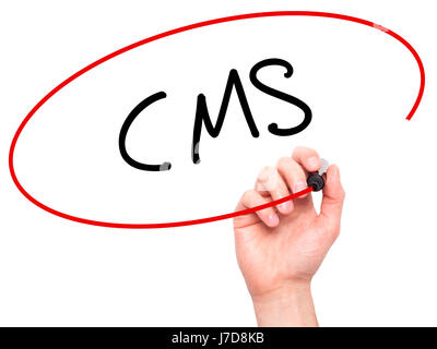 Man Hand writing CMS (Custom Management System) with black marker on visual screen. Isolated on background. Business, technology, internet concept. St Stock Photo