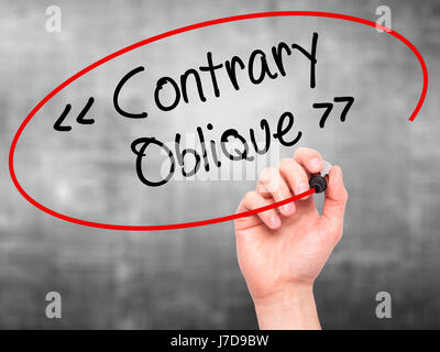 Man Hand writing Contrary - Oblique with black marker on visual screen. Isolated on background. Business, technology, internet concept. Stock Photo Stock Photo