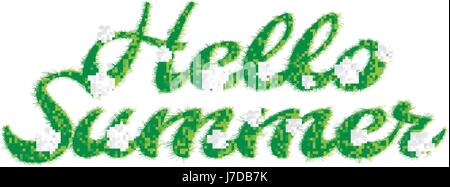 Greeting of the summer season. Lettering with the image of letters in the form of a lawn with flowers and the inscription summer, hello vector illustration Stock Vector