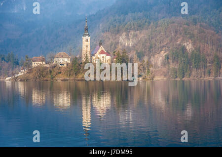 The Church on the Bled Island morning reflection Stock Photo