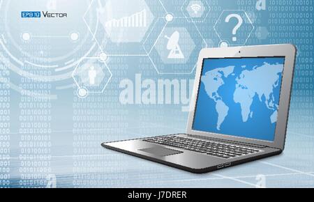 Binary code background with computer laptop with world map. Used clipping masks ,opacity mask and transparentes and simbols. Stock Vector