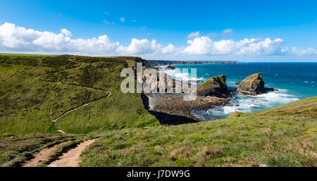 Porth-cadjack Cove and Carvannel Downs near Portreath, Cornwall. In the distance, The North Cliffs extend to Godrevy Island and lighthouse. Stock Photo