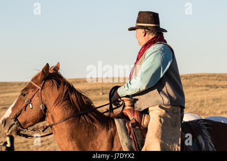 Cowboy on a horse stops to look at the horizon Stock Photo