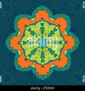 Green and Orange Vector Mandala. Decor for your design, lace ornament, round pattern with lots of details. Oriental style, stylized floral pattern on tiled background. Circle lace ornament. Coloring mandala Stock Vector