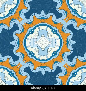 Set of blue and brown mandalas seamless. Decorative symmetry ornaments. Anti-stress therapy pattern. Weave design elements tiled. Yoga inspired background for meditation poster. Unusual stylized flower shape. Oriental vector Stock Vector