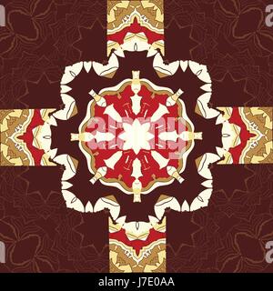 Seamless oriental ornamental pattern in brown color. Vector decorative background with stylized floral geometric ornament. Repeating geometric tiles based on indian mandala. Tibetian or Arabian motive Stock Vector